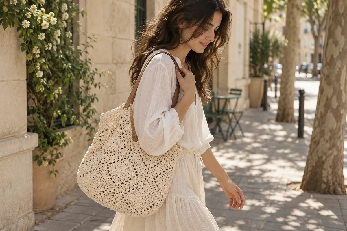 A woman carrying an openwork crochet tote on a sunlit street