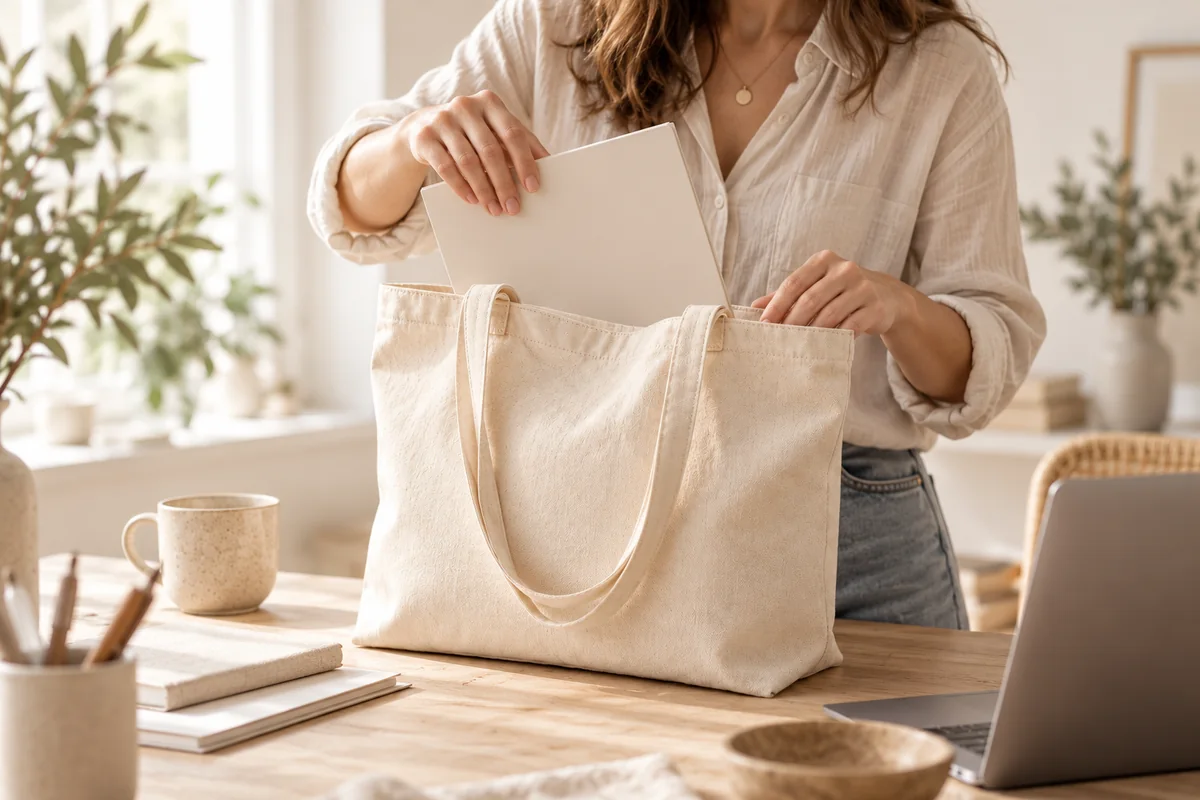 A cotton canvas tote being packed at a desk