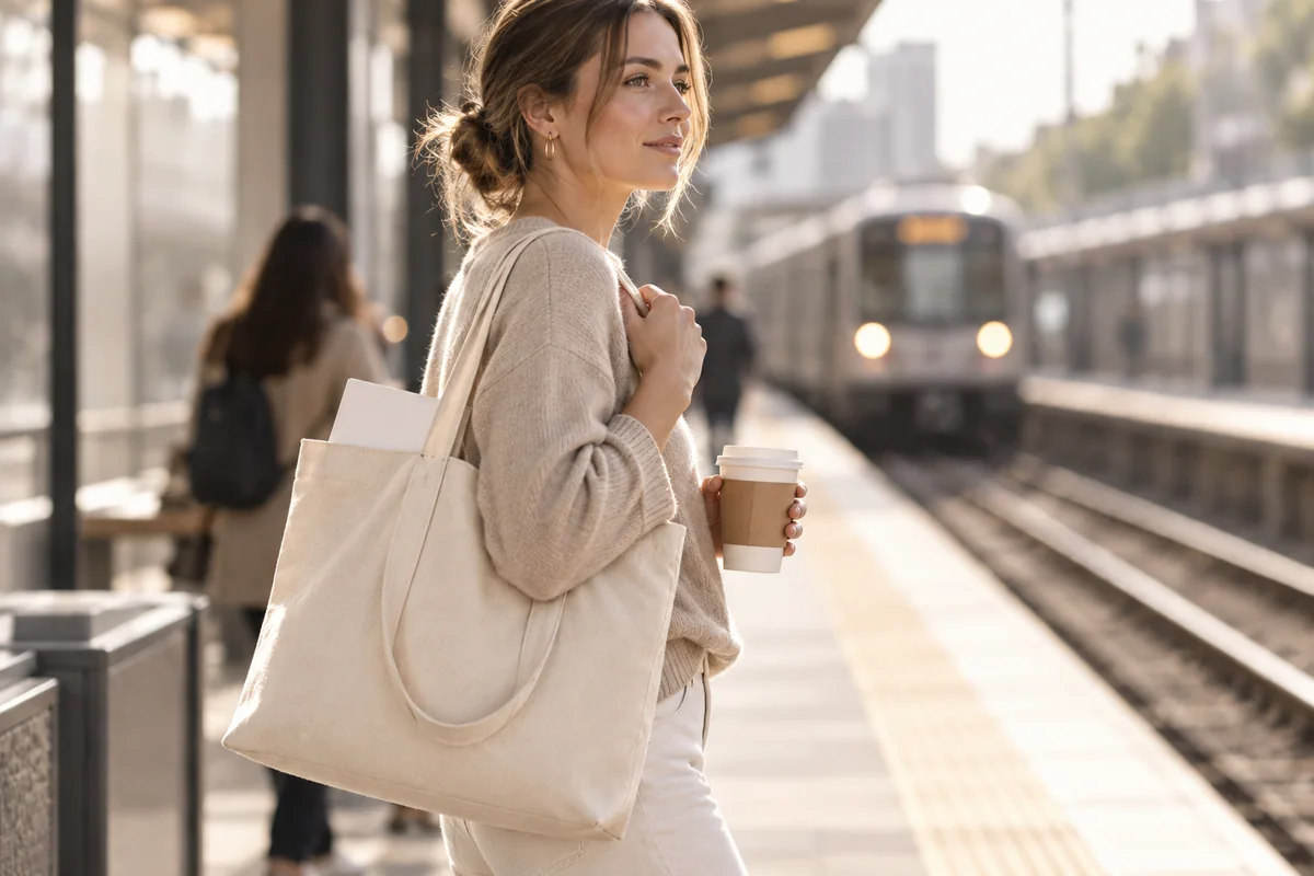 A canvas tote carried on a commute