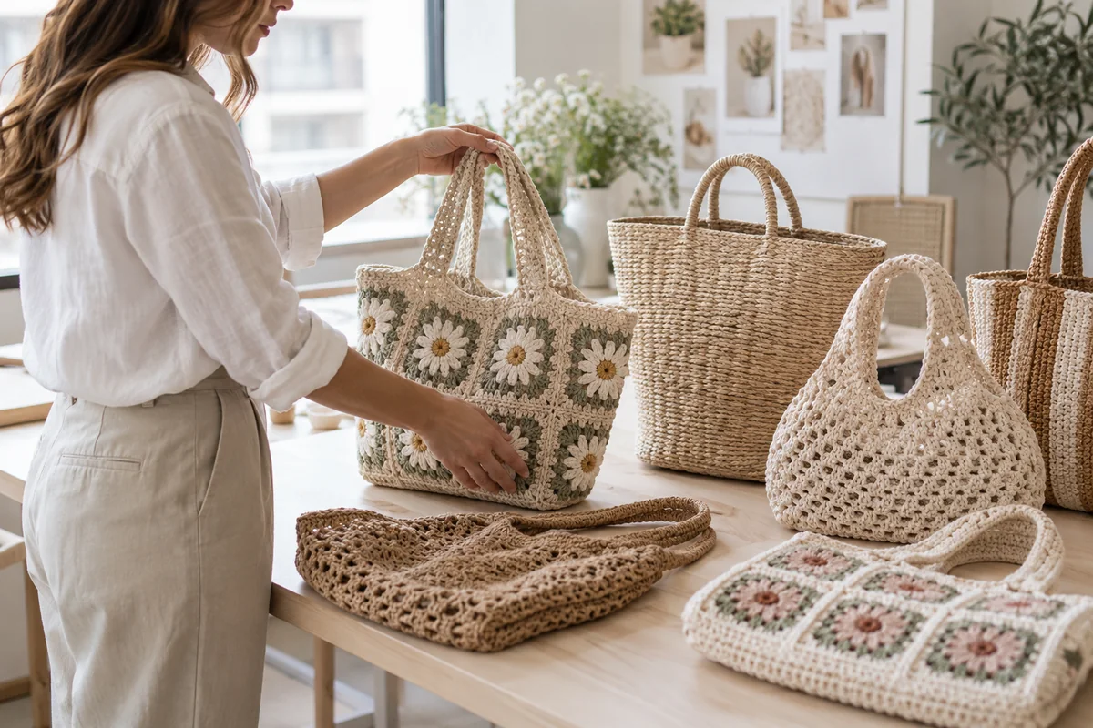 A buyer reviewing an assortment of woven bags on a showroom table